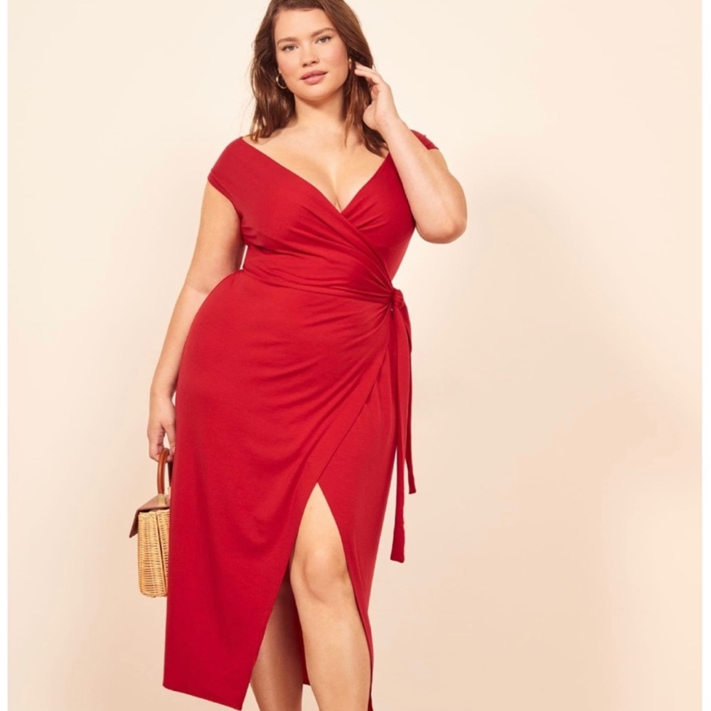 Reformation Sage Dress is Cherry Red Wrap Stretchy Formal Wedding Guest Dress